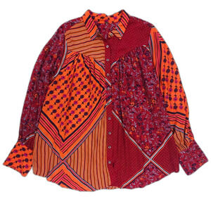 Free People Patchwork Button-Down Shirt in Orange and Red